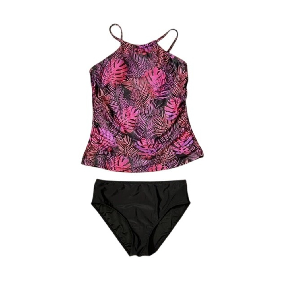Pink Tropical Leaf‎ Tankini Swimsuit Bathing Suit Resort Island Getaway Medium